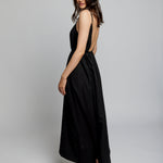 high low maxi dress with adjustable spaghetti straps, open, scoop back and removable tie in black