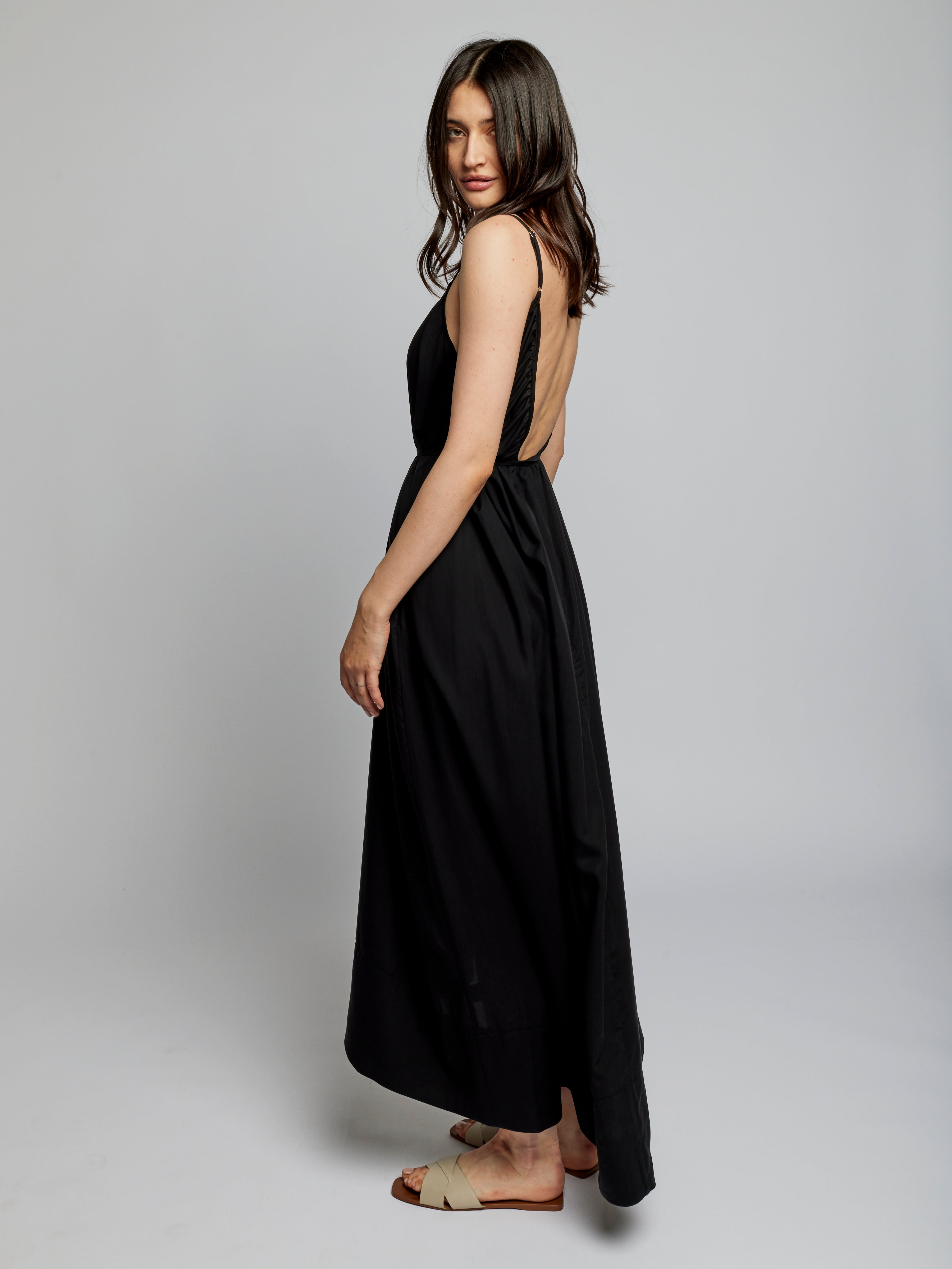 high low maxi dress with adjustable spaghetti straps, open, scoop back and removable tie in black