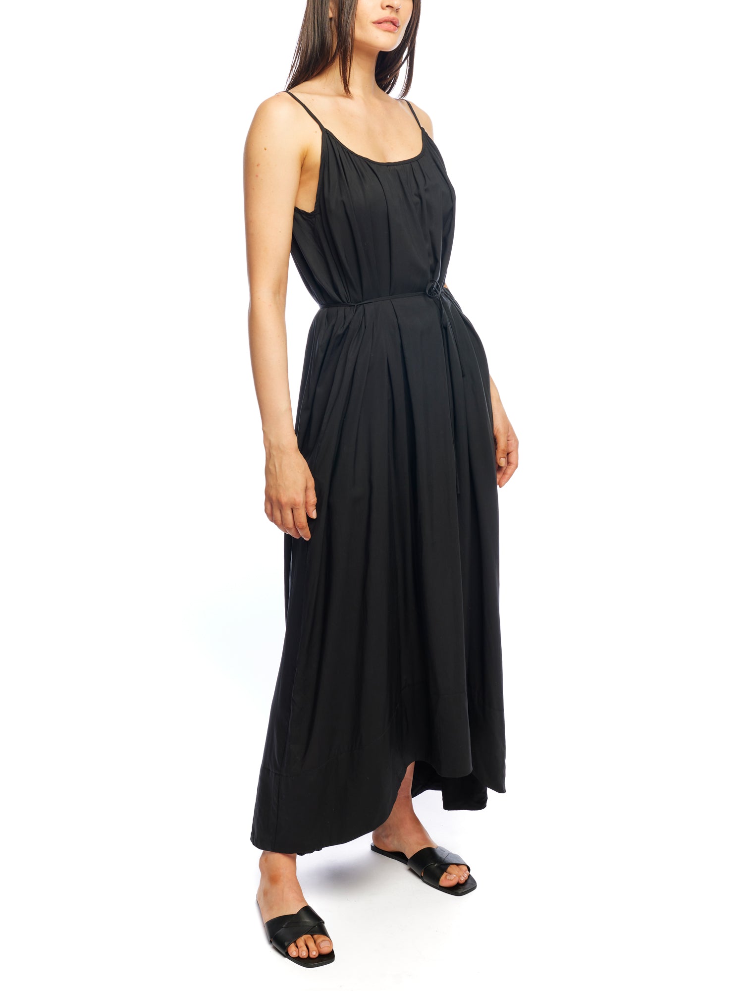 high low maxi dress with adjustable spaghetti straps, open, scoop back and removable tie in black