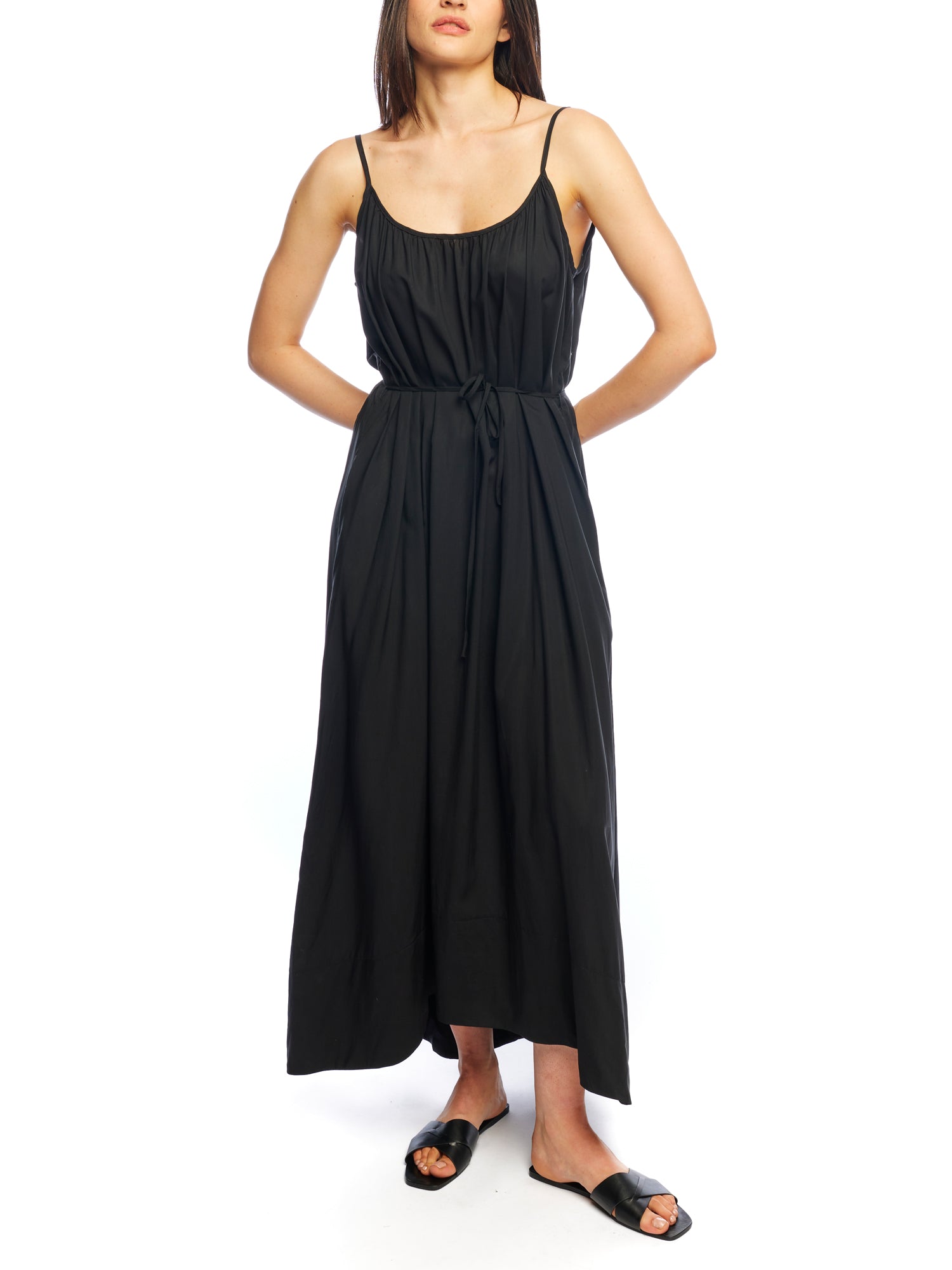 high low maxi dress with adjustable spaghetti straps, open, scoop back and removable tie in black