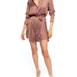 chic button down mini dress with long, cuffed sleeves, shirttail hem and waist tie in desert rose