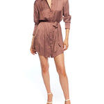 chic button down mini dress with long, cuffed sleeves, shirttail hem and waist tie in desert rose