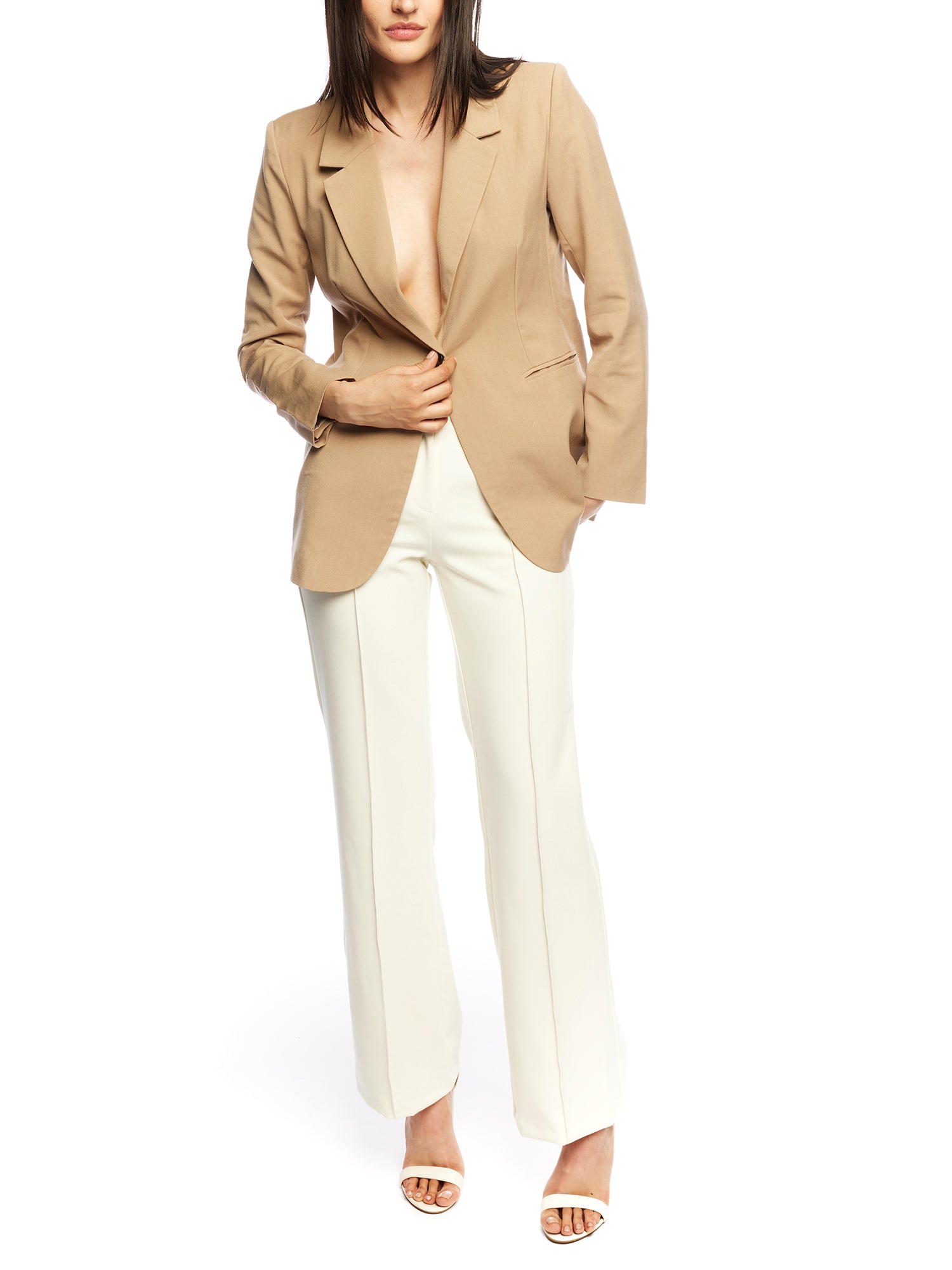  Collared, single button closure jacket with long sleeves and pockets in taupe - front
