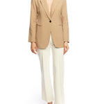  Collared, single button closure jacket with long sleeves and pockets in taupe - front