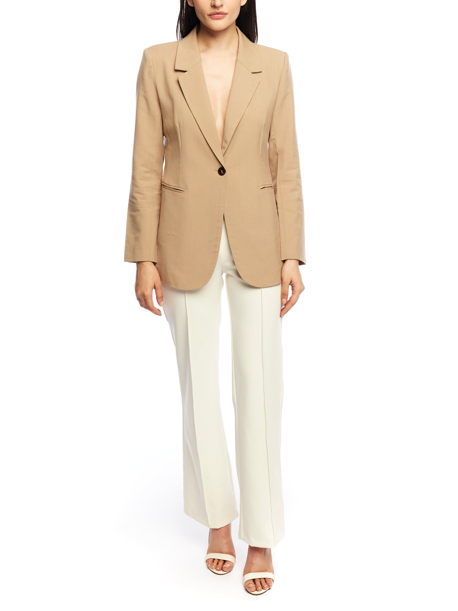  Collared, single button closure jacket with long sleeves and pockets in taupe - front