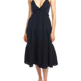 Tiered midi dress with a deep v-neck, adjustable spaghetti straps, ruffled under bodice and smocked back in black
