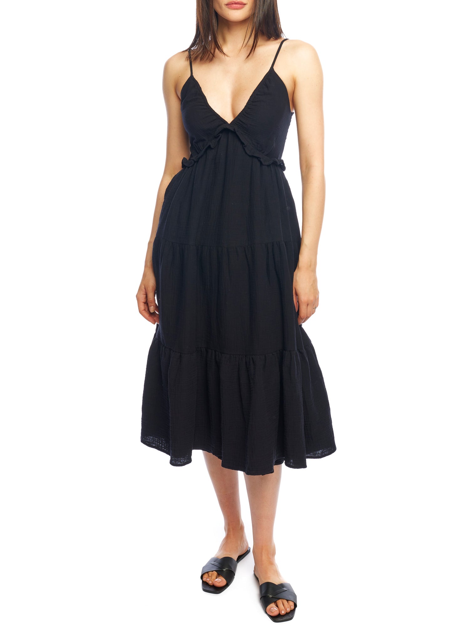 Tiered midi dress with a deep v-neck, adjustable spaghetti straps, ruffled under bodice and smocked back in black