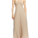 Maxi halter dress with cinched front, tie neck, under bust/side cutouts, smocked back and pockets in mocha