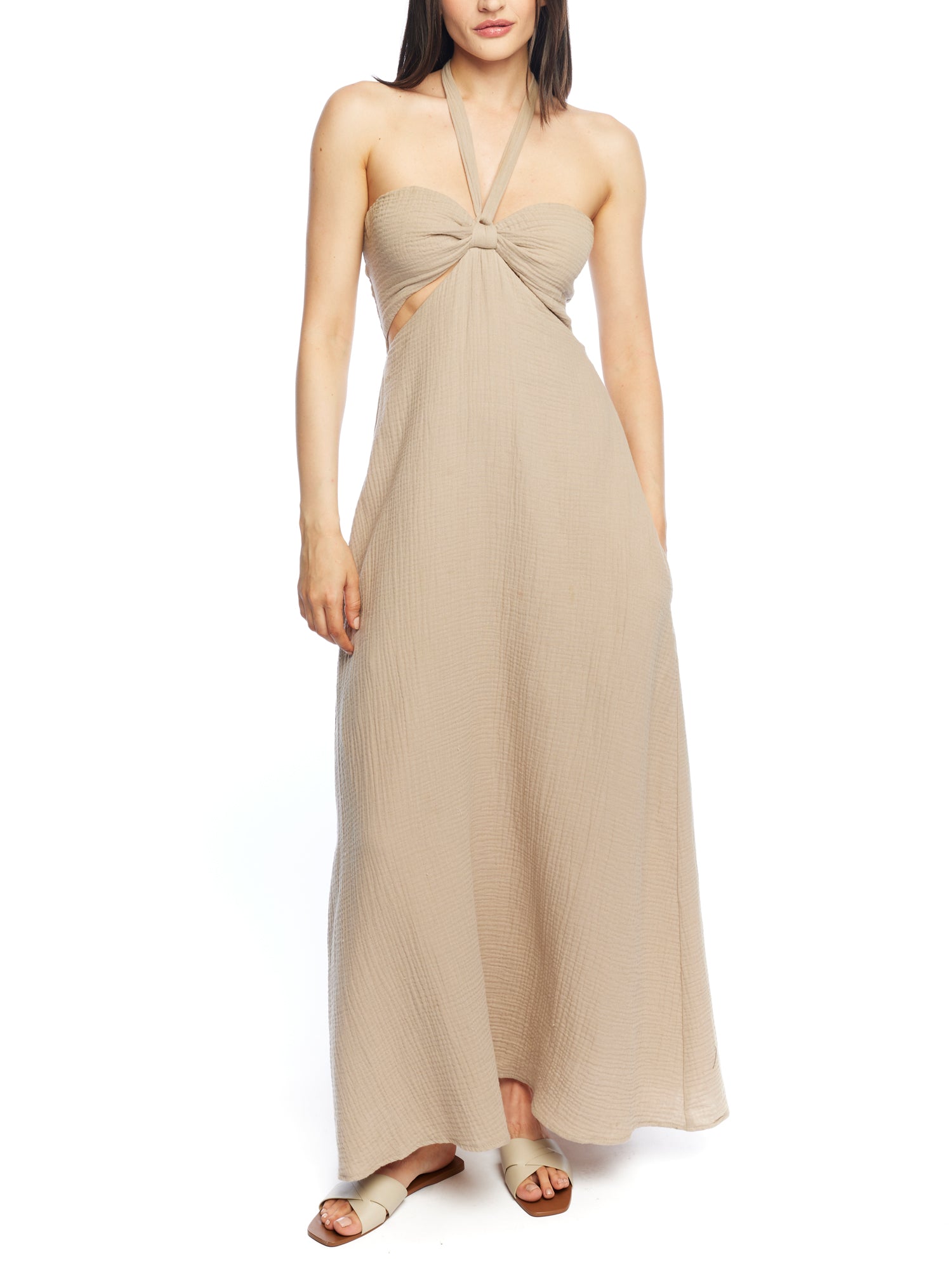 Maxi halter dress with cinched front, tie neck, under bust/side cutouts, smocked back and pockets in mocha