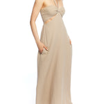 Maxi halter dress with cinched front, tie neck, under bust/side cutouts, smocked back and pockets in mocha