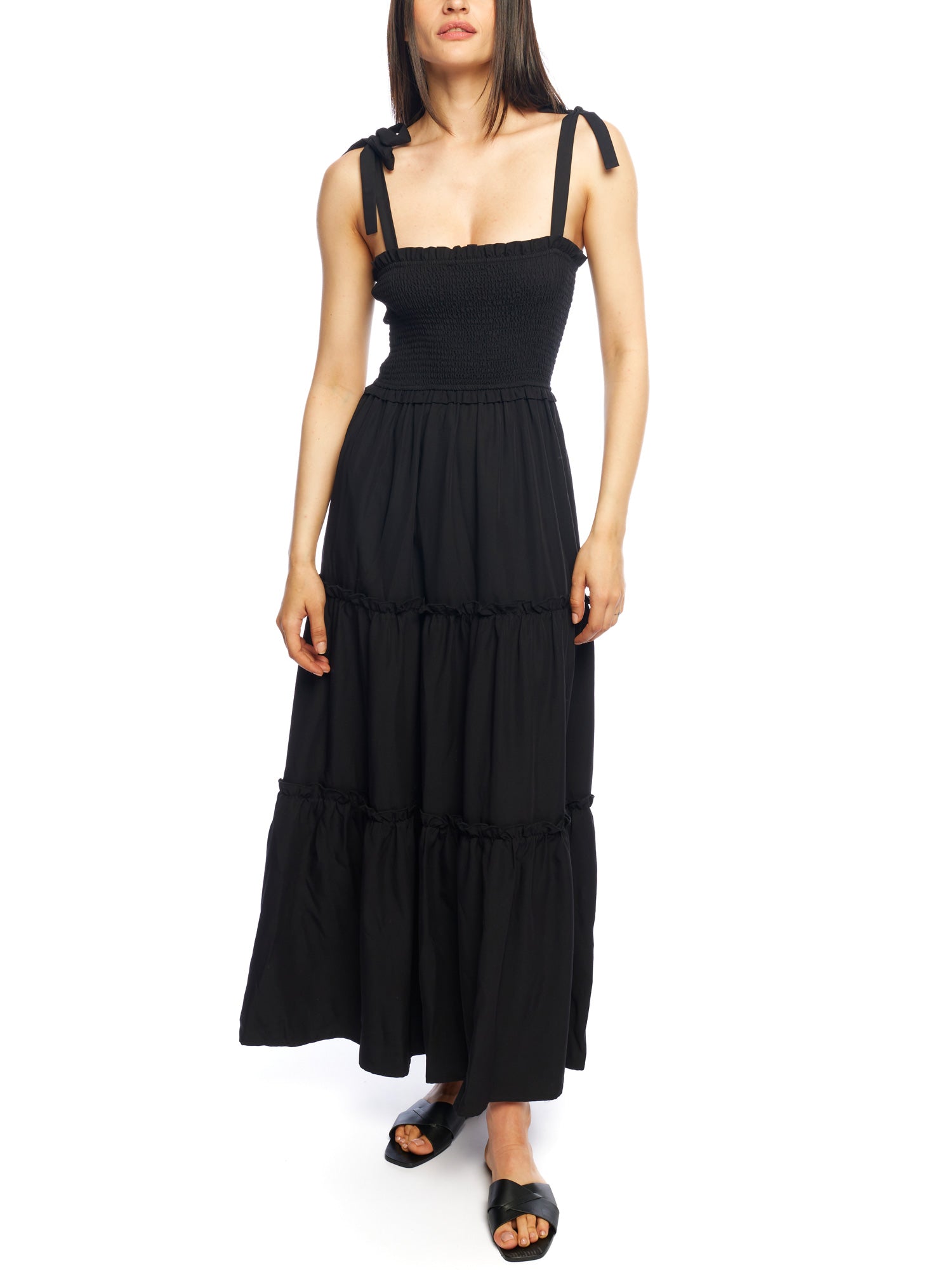 Darla tiered maxi dress with smocked bodice and tie sleeves in black