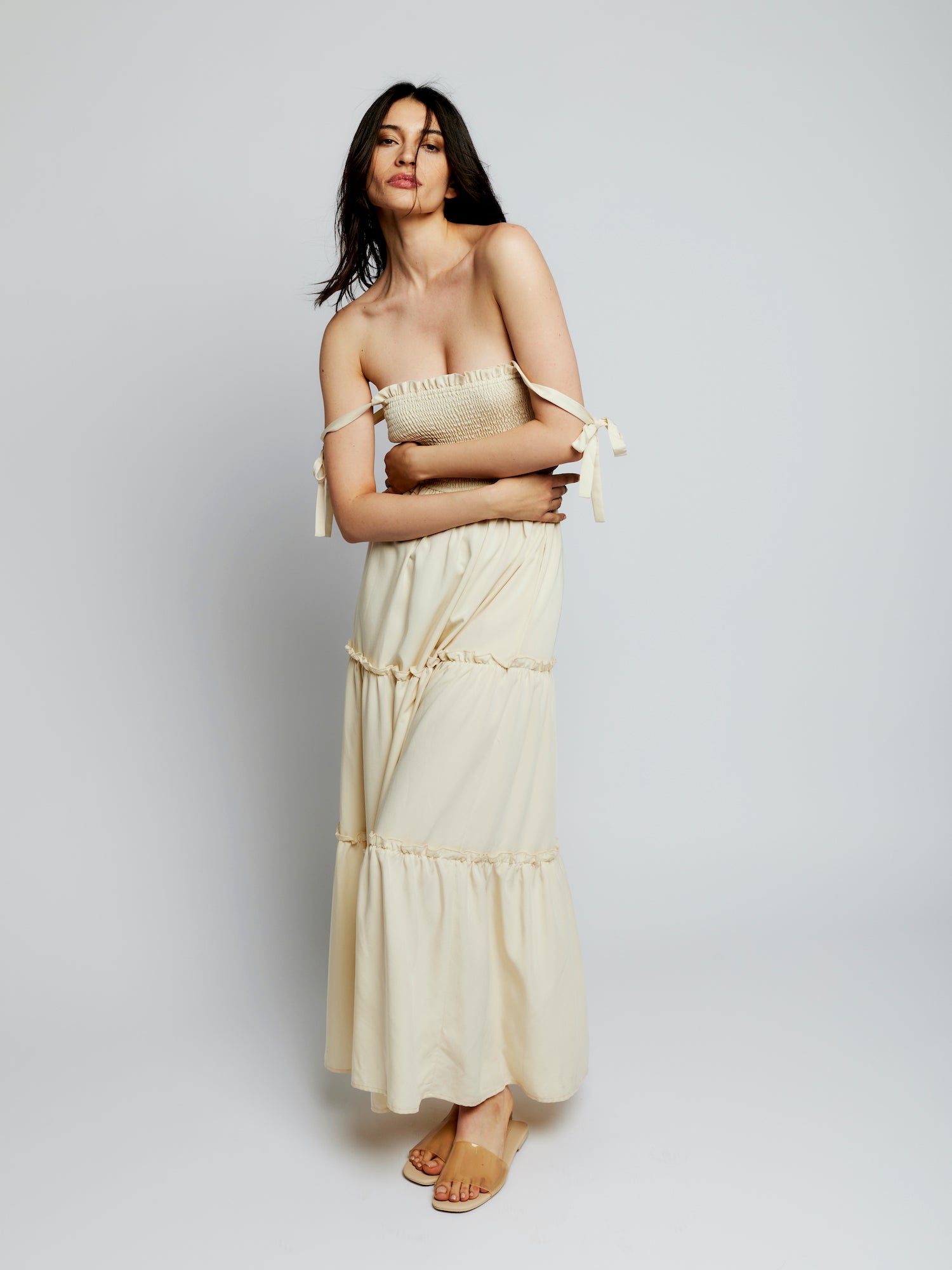 Darla tiered maxi dress with smocked bodice and tie sleeves in creme