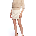 mock turtleneck sweater with 3/4 length sleeves, balloon sleeves and slightly cropped fit in oatmeal