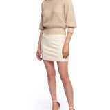 mock turtleneck sweater with 3/4 length sleeves, balloon sleeves and slightly cropped fit in oatmeal