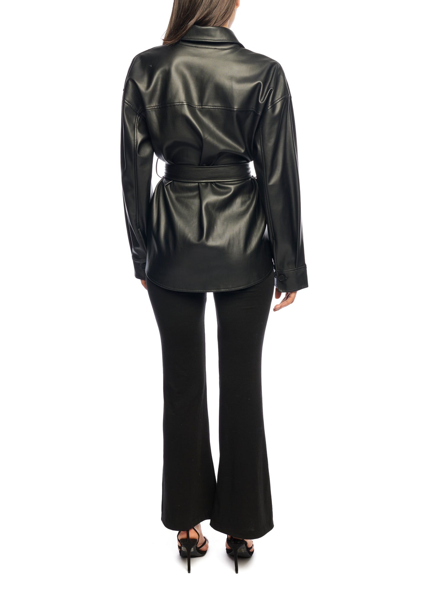  faux leather, button down top with side pockets, breast pockets, removable belt and long, cuffed sleeves in black