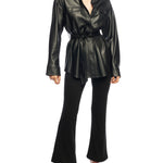  faux leather, button down top with side pockets, breast pockets, removable belt and long, cuffed sleeves in black