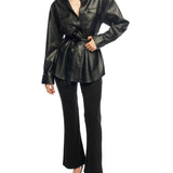  faux leather, button down top with side pockets, breast pockets, removable belt and long, cuffed sleeves in black