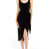 Tank dress with a tulip hem, side tie and a scoop neck and back in black