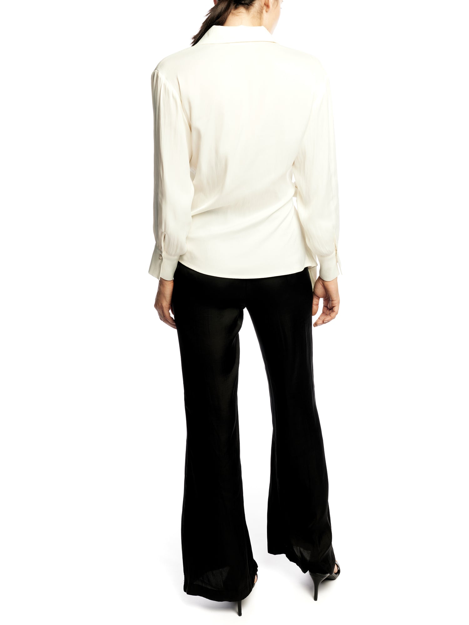 collared, side tie blouse featuring long sleeves with button cuffs in ivory