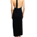 tie back, halter midi dress with a side slit and open back in black