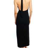 tie back, halter midi dress with a side slit and open back in black