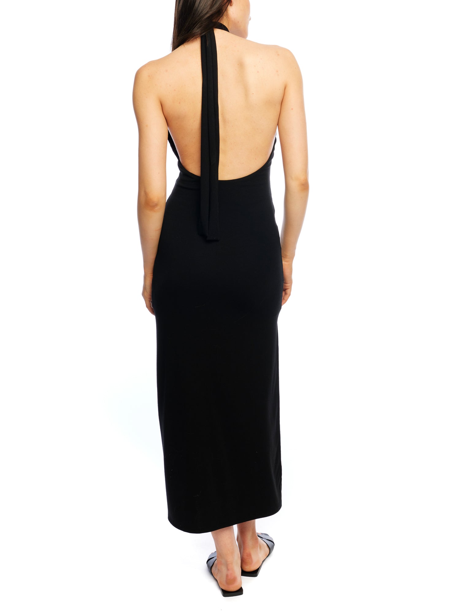 tie back, halter midi dress with a side slit and open back in black