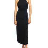 tie back, halter midi dress with a side slit and open back in black