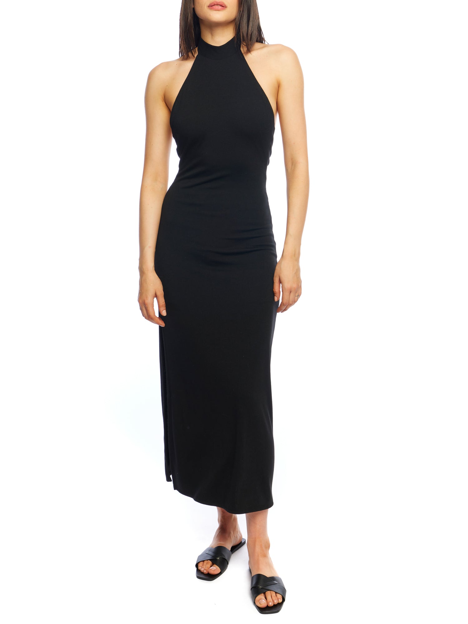 tie back, halter midi dress with a side slit and open back in black