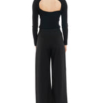 mid-rise, wide leg trousers with a zipper and button closure, side and back pockets - back view