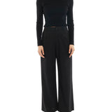 mid-rise, wide leg trousers with a zipper and button closure, side and back pockets - front view