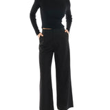 mid-rise, wide leg trousers with a zipper and button closure, side and back pockets - front view