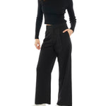 mid-rise, wide leg trousers with a zipper and button closure, side and back pockets - side view