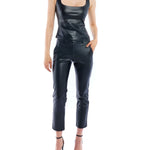 faux leather trouser with a medium rise, belt loops, slightly cropped cut and side pockets in black