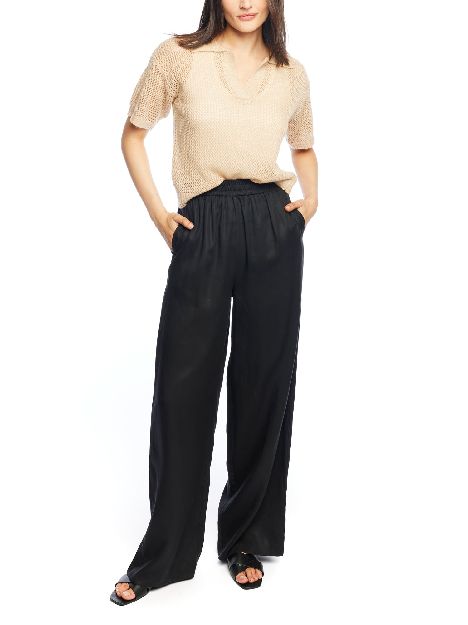 mid-rise wide leg pants with an elasticized waist and easy, relaxed fit in black