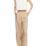 mid-rise wide leg pants with an elasticized waist and easy, relaxed fit in taupe