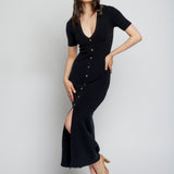 short sleeve, button down midi dress with a deep V-neck and figure hugging fit in black