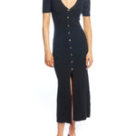 short sleeve, button down midi dress with a deep V-neck and figure hugging fit in black