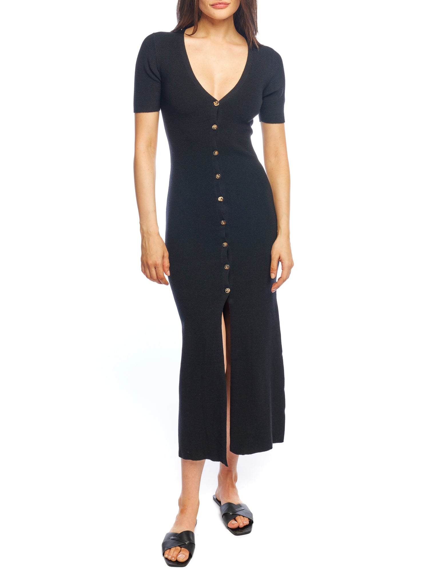 short sleeve, button down midi dress with a deep V-neck and figure hugging fit in black