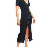 short sleeve, button down midi dress with a deep V-neck and figure hugging fit in black