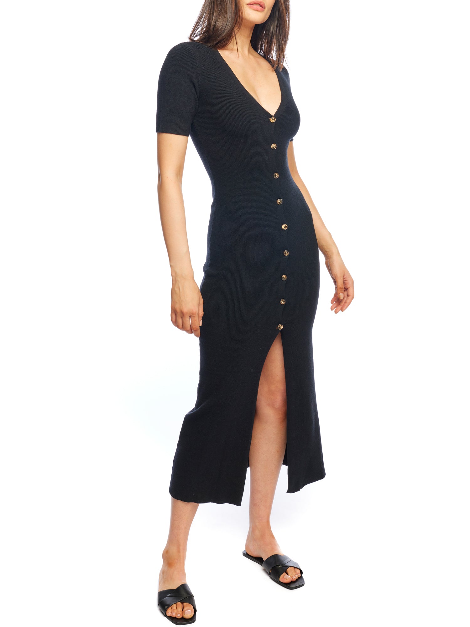 short sleeve, button down midi dress with a deep V-neck and figure hugging fit in black