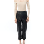 faux leather pants with a mid rise, cropped length and pockets in black