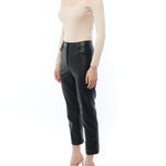 faux leather pants with a mid rise, cropped length and pockets in black