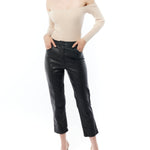 faux leather pants with a mid rise, cropped length and pockets in black