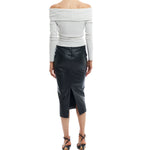 fold over, off-the-shoulder top featuring long sleeves and hip length hem - back view