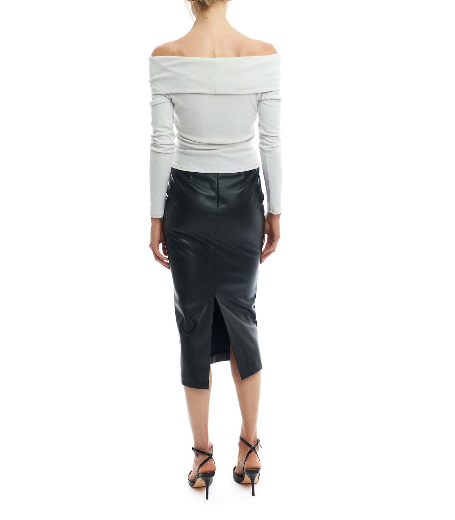 fold over, off-the-shoulder top featuring long sleeves and hip length hem - back view