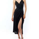 midi dress with a surplice top, gathered twist front, adjustable spaghetti straps and side slit in black
