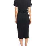 midi length wrap dress with a boat neck, short sleeves, side tie waist and tulip hem in black