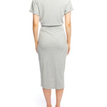 midi length wrap dress with a boat neck, short sleeves, side tie waist and tulip hem in grey