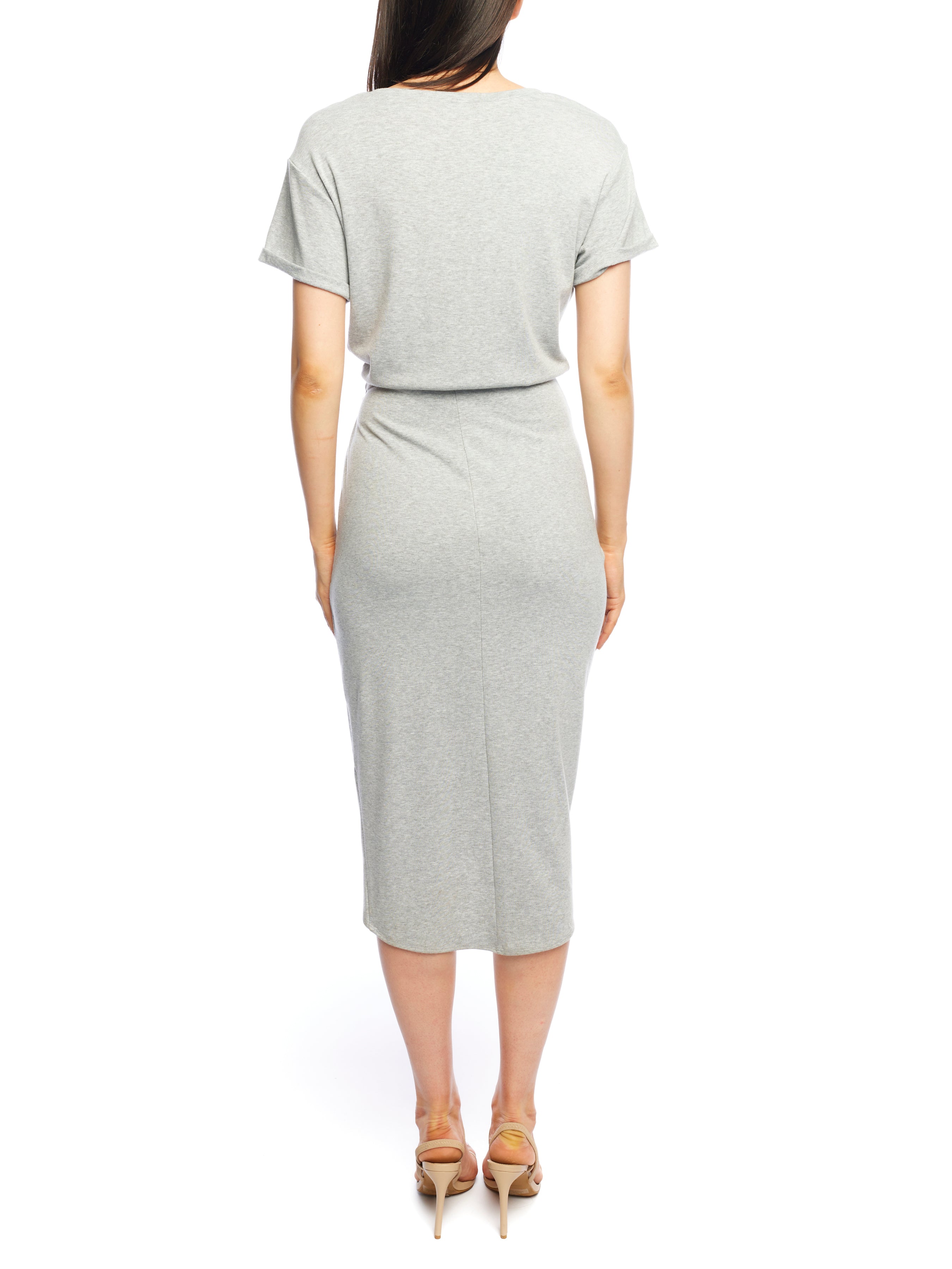 midi length wrap dress with a boat neck, short sleeves, side tie waist and tulip hem in grey