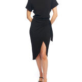 midi length wrap dress with a boat neck, short sleeves, side tie waist and tulip hem in black